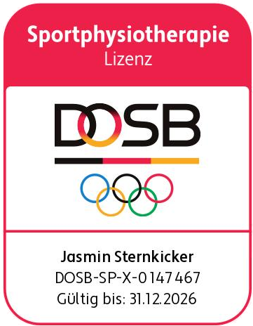 DOSB-Lizenz Sportphysiotherapie von Jasmin Sternkicker, Lizenznummer DOSB-SP-X-0147467, gültig bis 31.12.2026